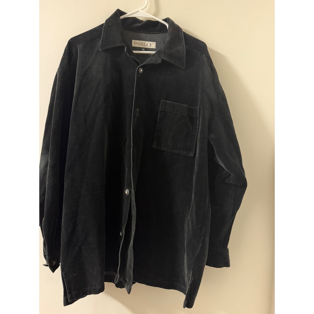 Inserch Velvet Button Down Shirt Mens M Black Good Long Sleeve Pocket Casual